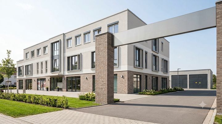 Moderne Gewerbeimmobilie mit Klinkerfassade und Durchfahrt (KI-generiertes Symbolbild)