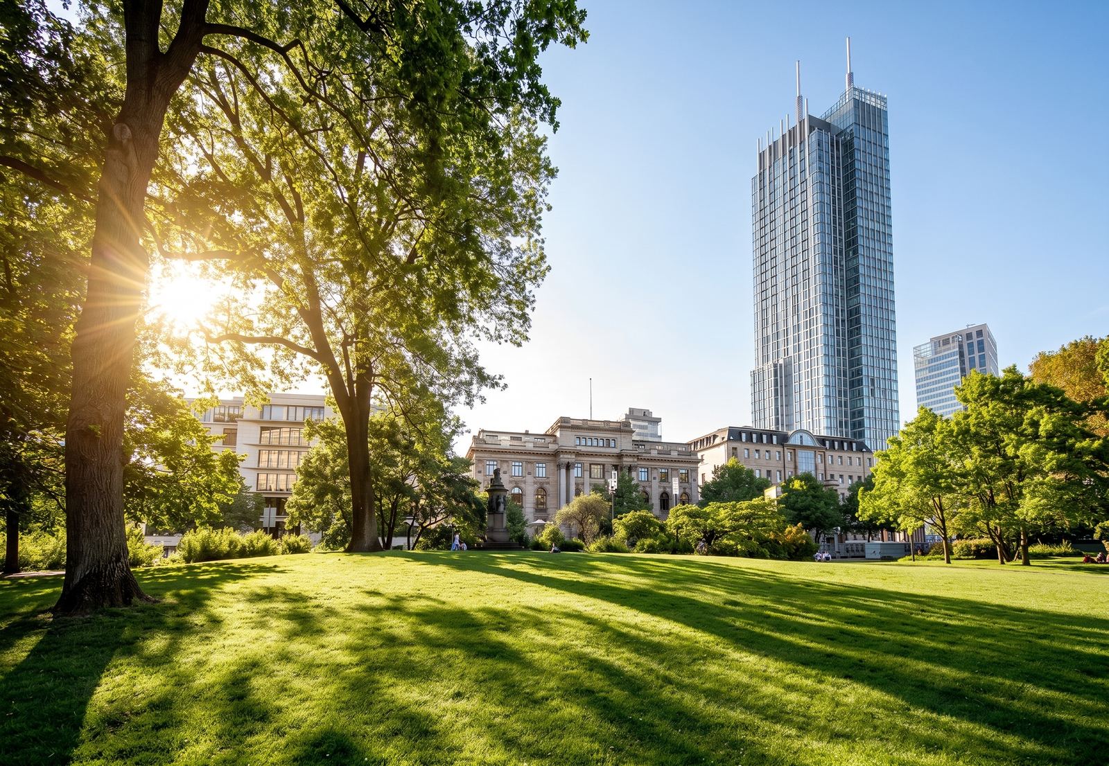Wohnhochhaus zwischen Bäumen in Frankfurt am Main (KI-generiertes Symbolbild)