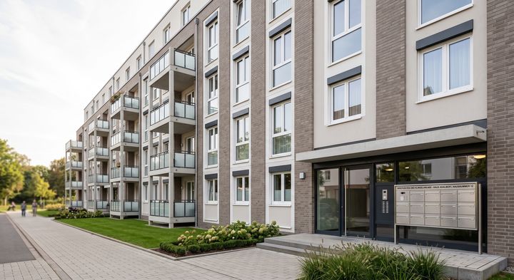 Modernes Mehrfamilienhaus mit Balkonen und Grünanlage (KI-generiertes Symbolbild)