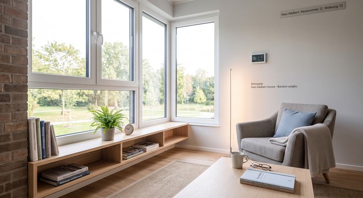 Helles Wohnzimmer einer Eigentumswohnung mit Sessel und Fensterfront (KI-generiertes Symbolbild)